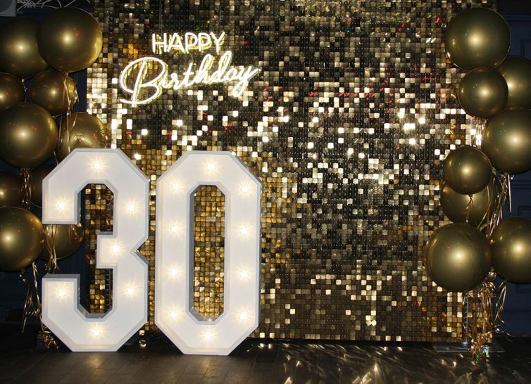 Hertford House Hotel Shimmer Wall, Happy Birthday Neon and Light Up 30 Numbers